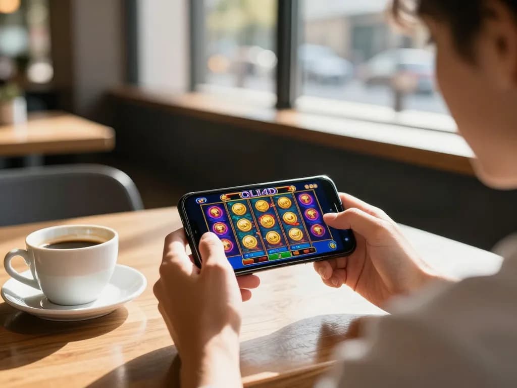 Player enjoying OLI4D slots on smartphone in a cozy café setting, engaging with vibrant game graphics.