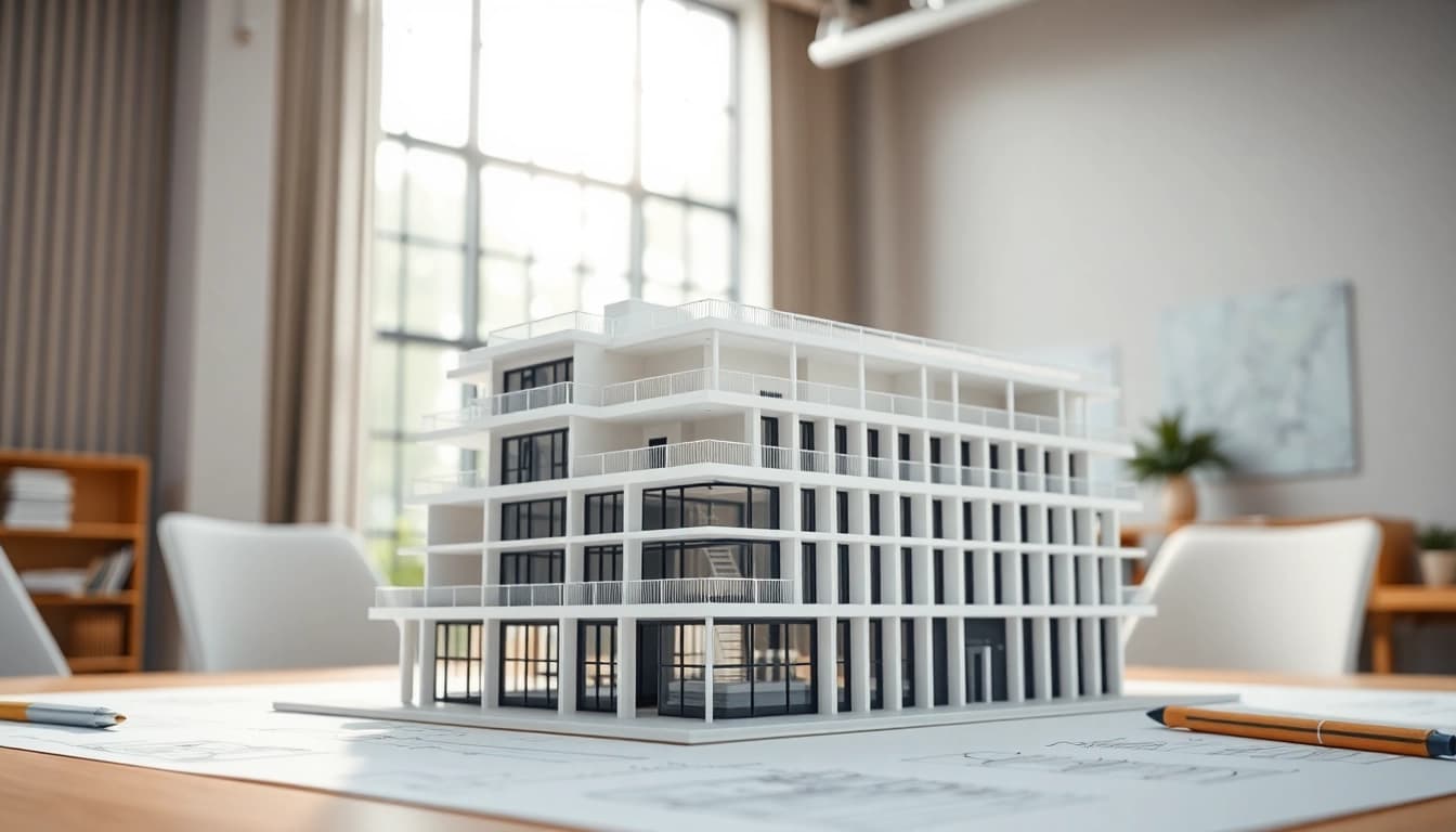 Architekturmodellbau Münster: Detailliertes Modell in einem modernen Büro, welches kreative Entwürfe zeigt.
