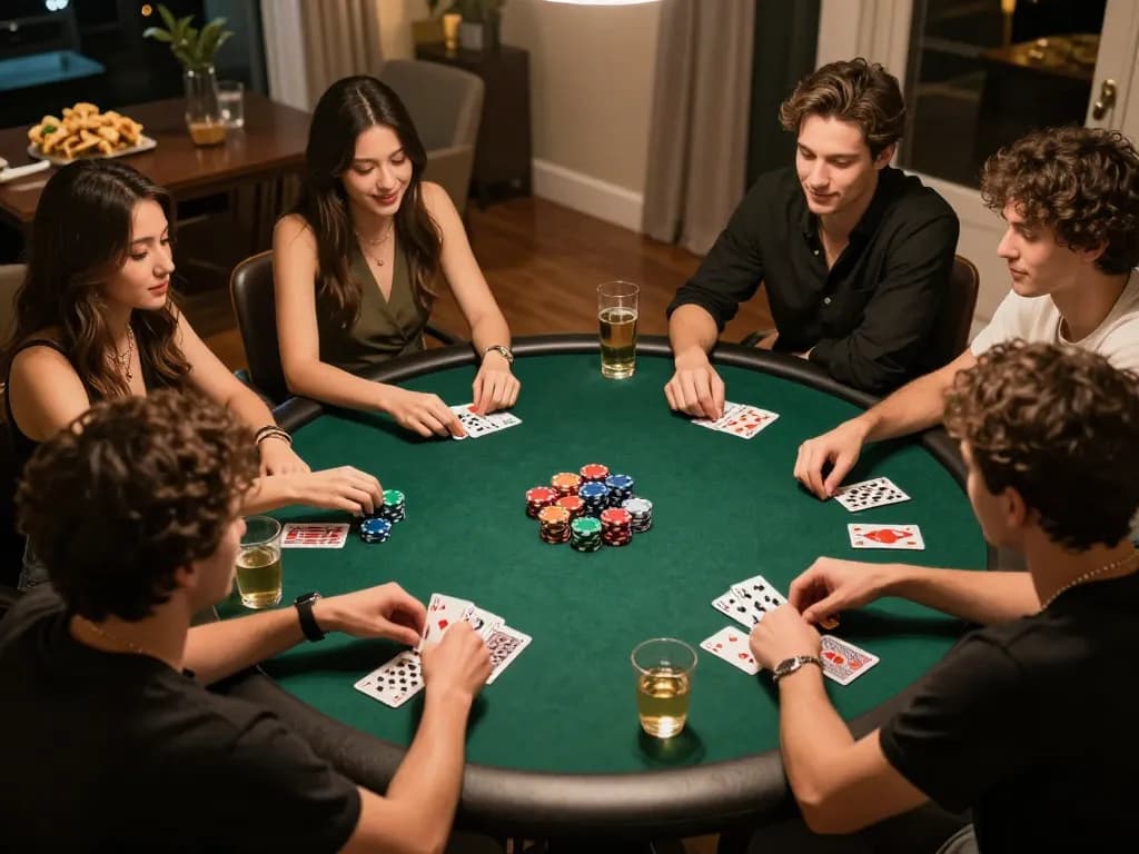 Friends enjoying an exciting home poker night while playing g28.