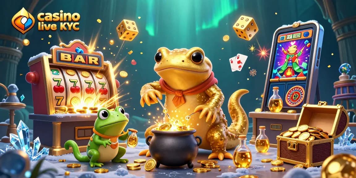 Plongée dans l'univers du casino live sans KYC avec un alchimiste aux pièces d'or et des appareils de jeu fascinants.