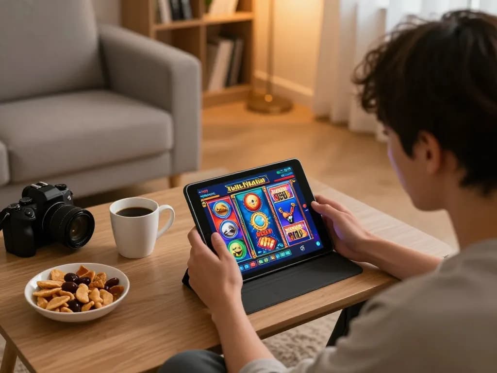 Engaged player enjoying judi slot on a tablet in a cozy home setting with ambient lighting.