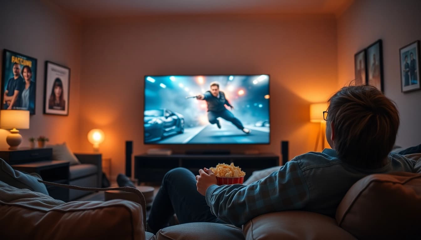 เว็บดูหนังออนไลน์ฟรี 24 ชั่วโมง คนนั่งดูหนังในบ้านโดยมีจอทีวีขนาดใหญ่ในบรรยากาศที่อบอุ่น