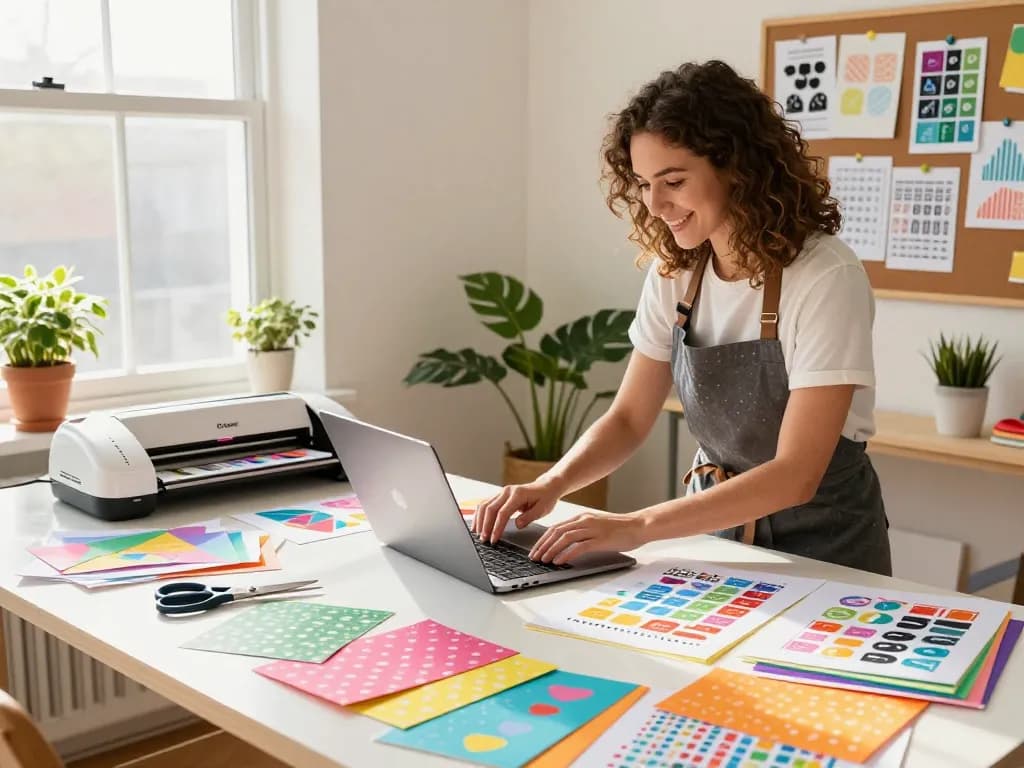Designer selecting colorful Svg files in a creative crafting studio with Cricut tools and vibrant designs.