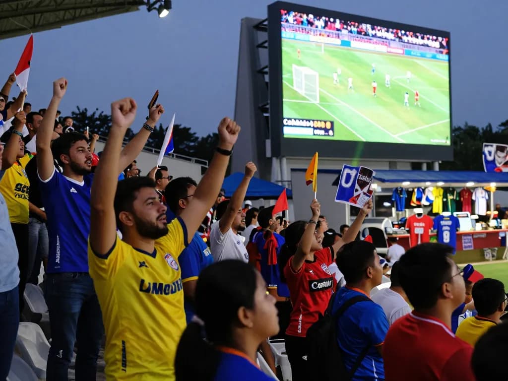 Cakhiatv24h.com live sports atmosphere with fans celebrating football matches in a vibrant stadium.