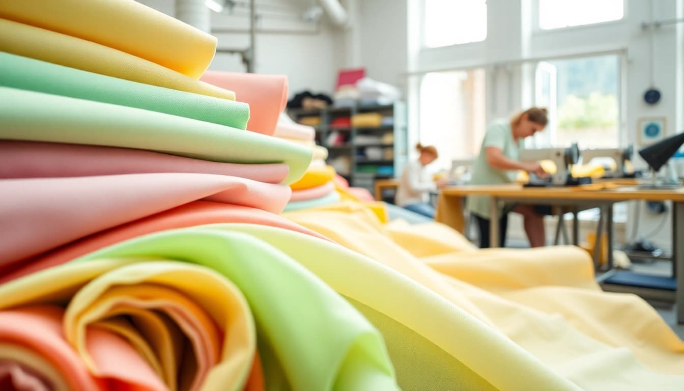 Poplin stof in diverse kleuren en patronen met naaister aan het werk.
