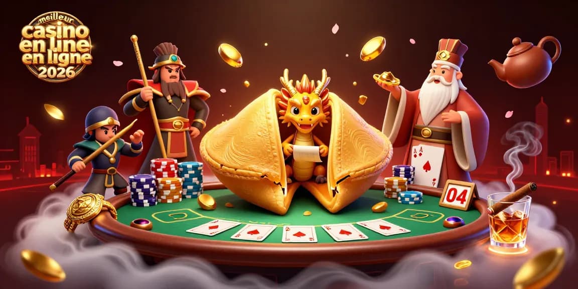 Illustration captivante de personnages de casino incluant un dragon sage, des guerriers en baguettes, et un cookie de fortune pour le meilleur casino en ligne 2026.