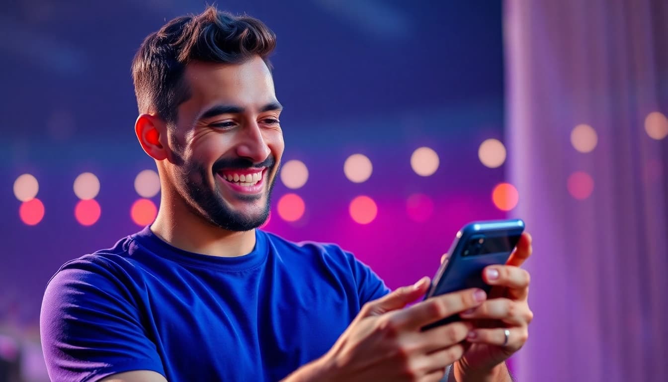 O jogador utilizando a casa de apostas Bet da Sorte no smartphone em um ambiente vibrante.