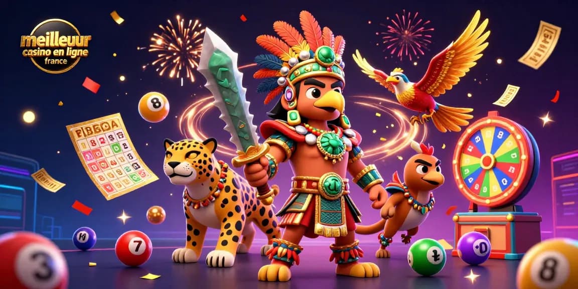 Illustration dynamique représentant le meilleur casino en ligne France avec des personnages de guerriers aztèques et des éléments de jeu.
