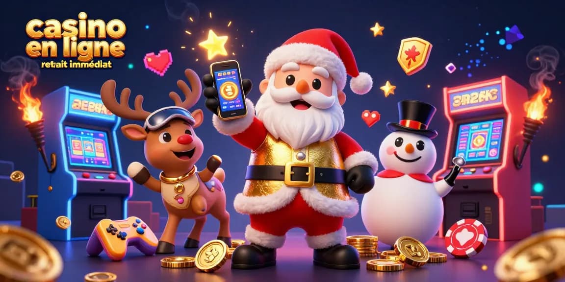 Casino en ligne retrait immédiat avec un Père Noël sympathique dans un casino animé, illustrant des gains instantanés.