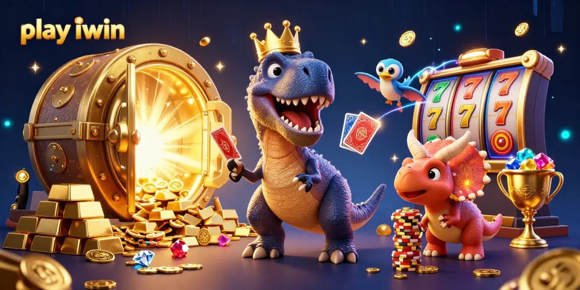 Play iwin with a cartoon T-Rex and friends amid golden treasures and neon lights