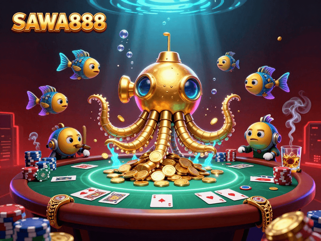 Engage with SAWA888 as the kraken submarine surfaces through gold coins amidst vibrant casino elements.