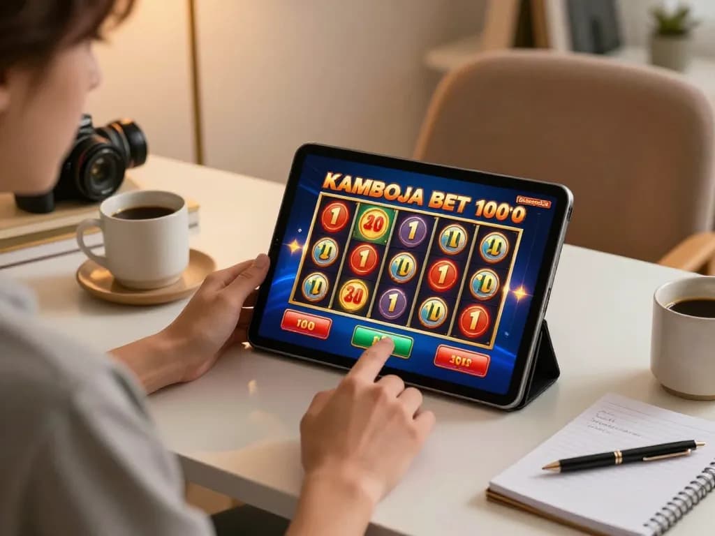 Engaging gameplay experience at home with slot kamboja bet 100 shown on tablet, capturing excitement of online slots.