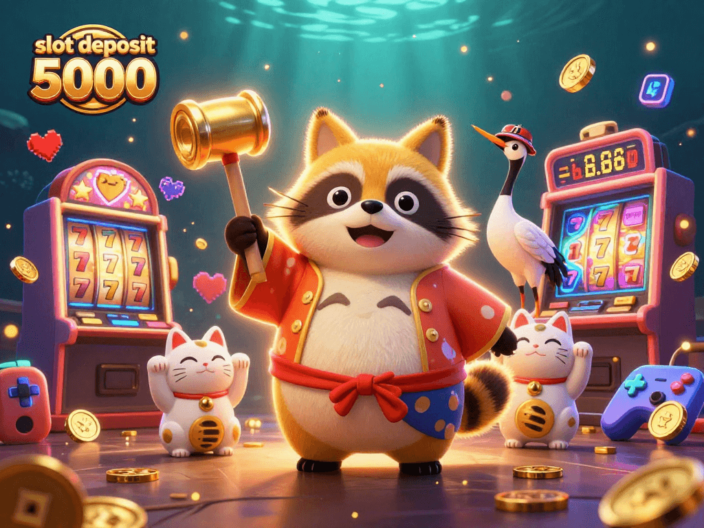 Experience thrilling gaming with slot deposit 5000 in vibrant 3D illustration filled with casino excitement.