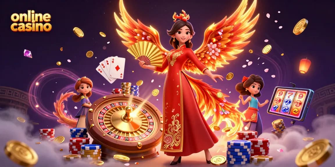 Engaging scene at an online casino featuring a 3D woman in a traditional dress alongside a phoenix, surrounded by gold coins and casino elements.