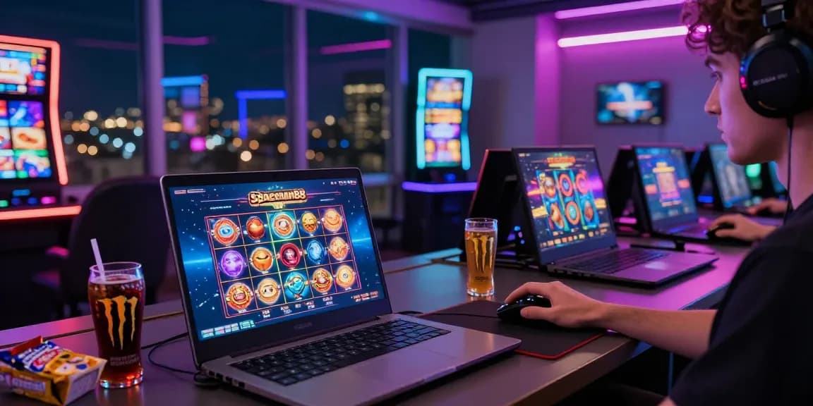 Engaging gaming with Spaceman88 slots on a modern laptop, showcasing vibrant cosmic themes and a dynamic atmosphere.