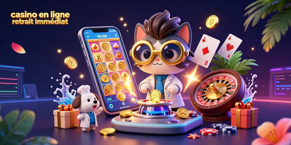 Illustration d'un chat scientifique fou et son assistant créant une machine à pièces d'or, mettant en avant le casino en ligne retrait immédiat.
