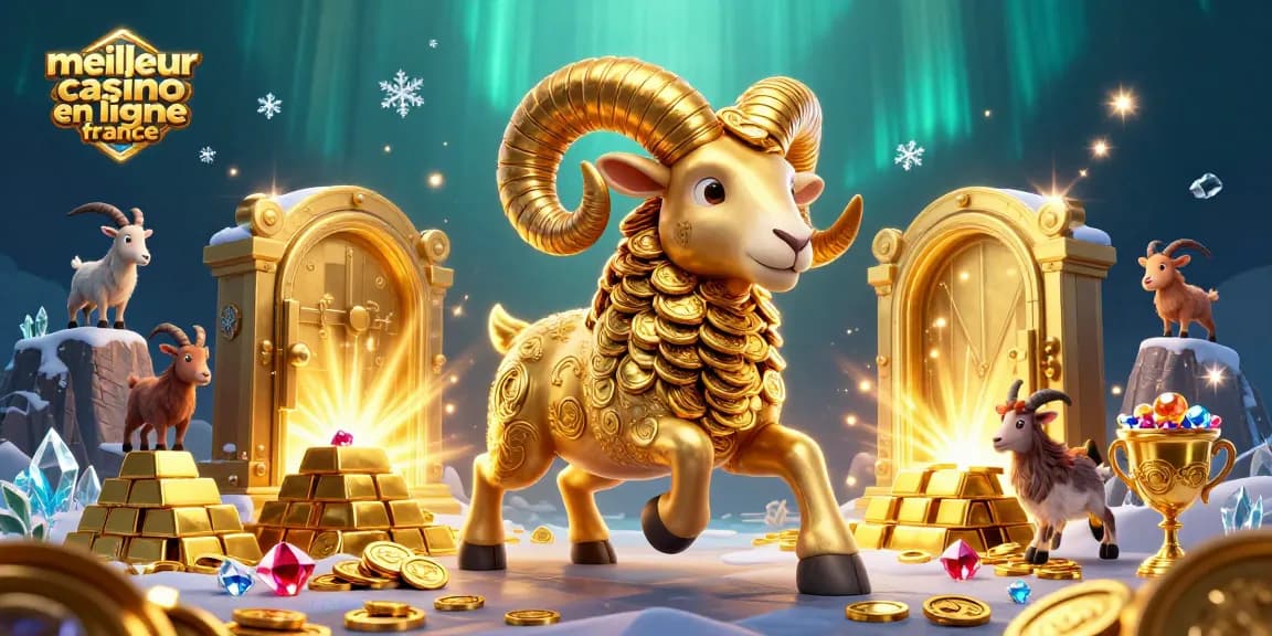 Illustre les jeux de casino captivants du meilleur casino en ligne France avec un bélier doré et des trésors étincelants