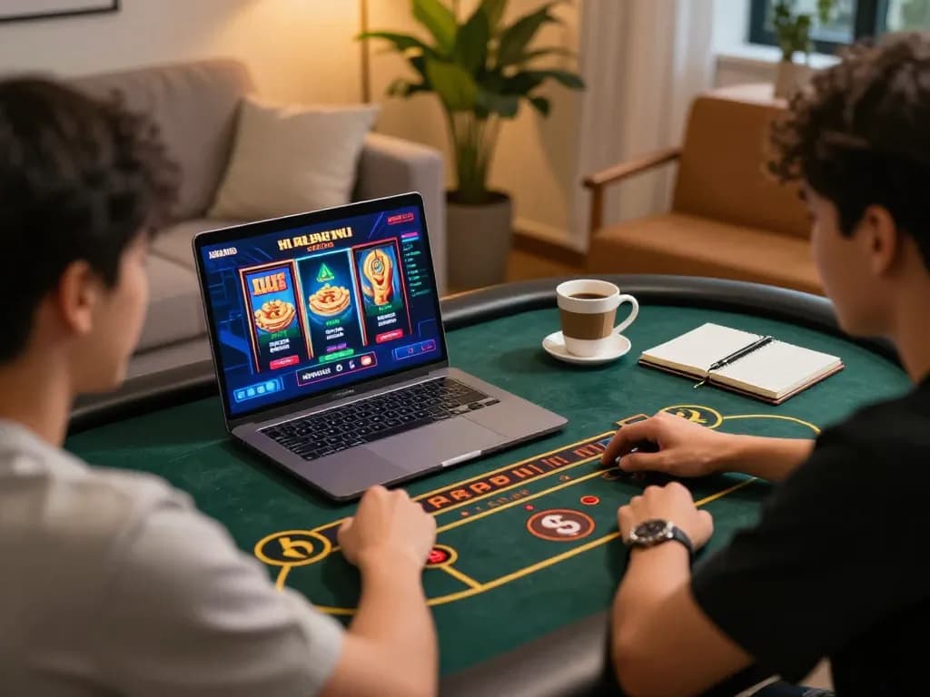 Engaged players experiencing slot gacor hari ini at home using laptops for online casino fun