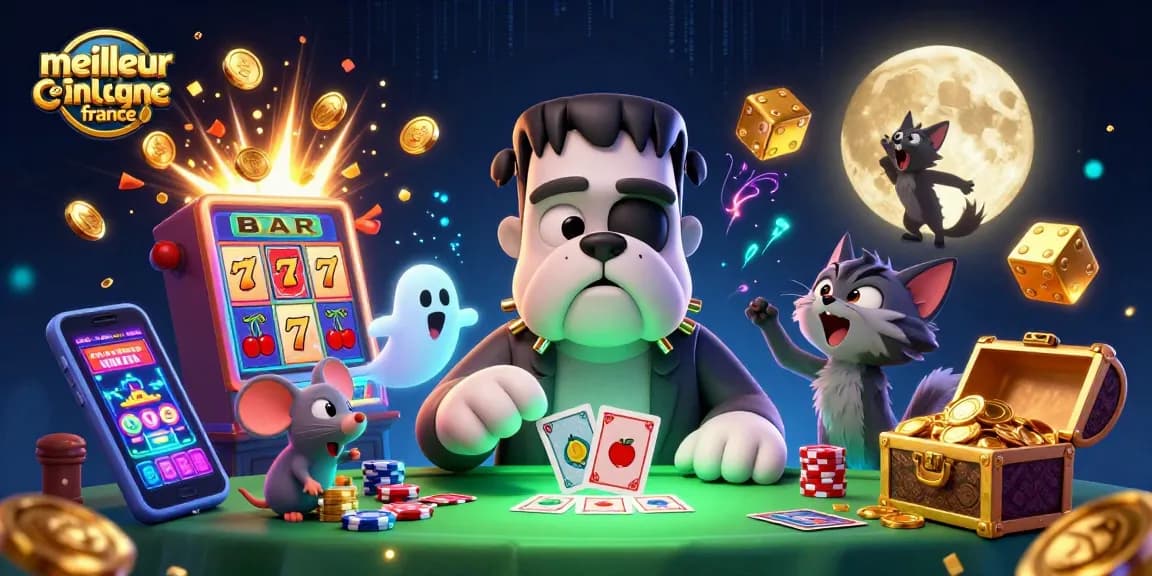 Jouez au meilleur casino en ligne France avec une illustration animée et festive de personnages ludiques.