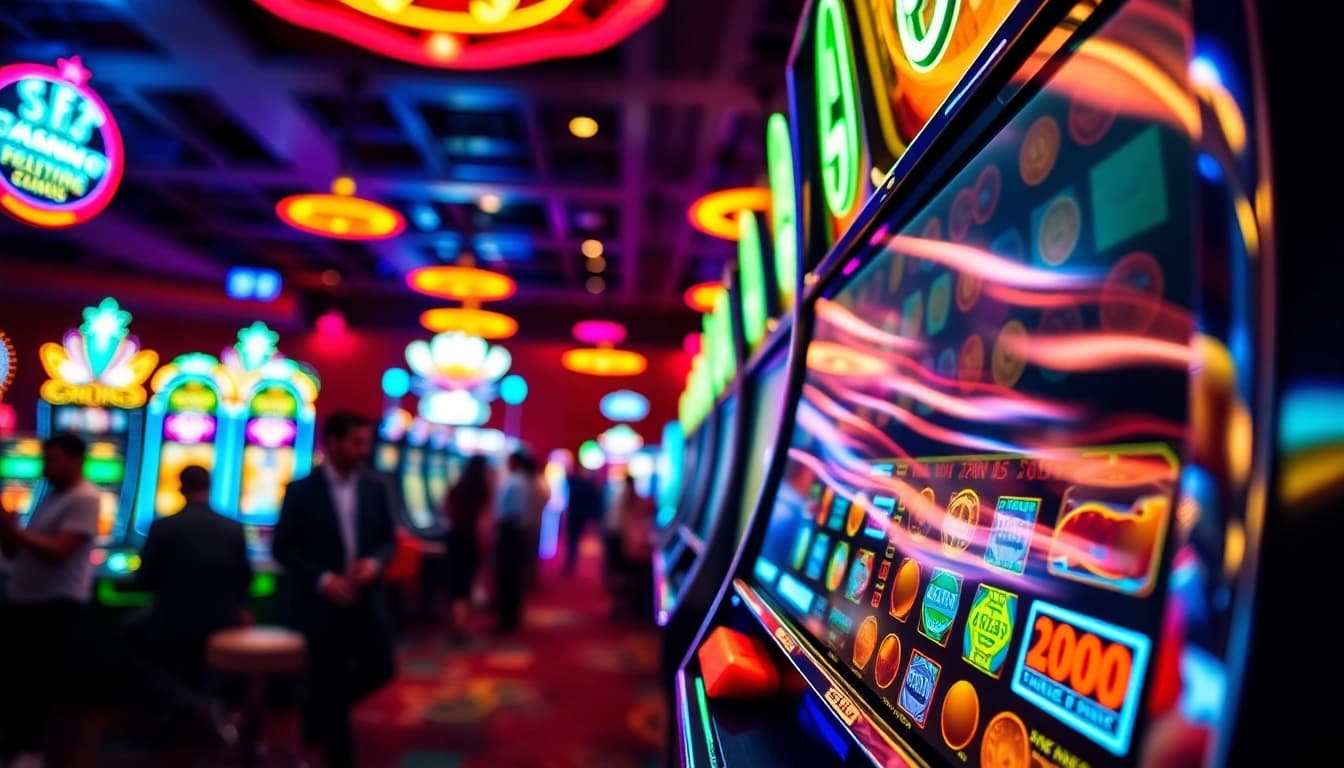 Rasakan keseruan bermain slot apk di kasino yang penuh warna dengan mesin slot yang berputar.