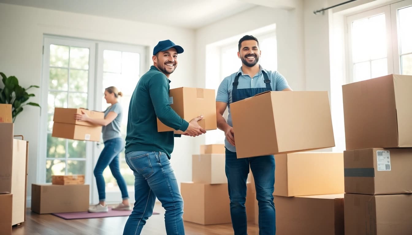 Loading and unloading moving services with professional movers assisting in a bright home environment.