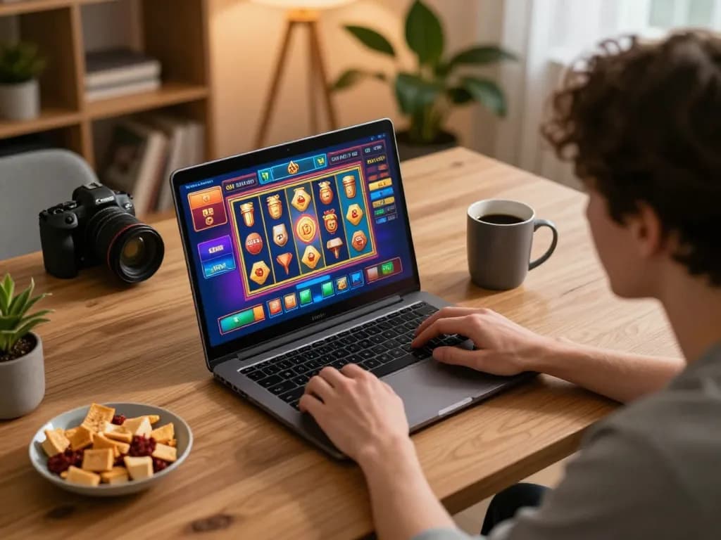 Player engaging with agenslot188 on laptop, showcasing vibrant online slots action in a cozy home setting.