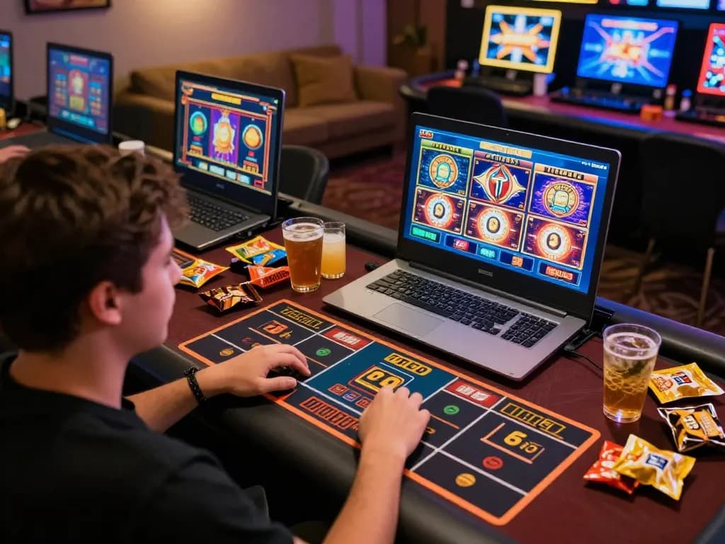 Engaging player focused on slot gacor gampang menang games on laptop, showcasing immersive online gaming atmosphere.