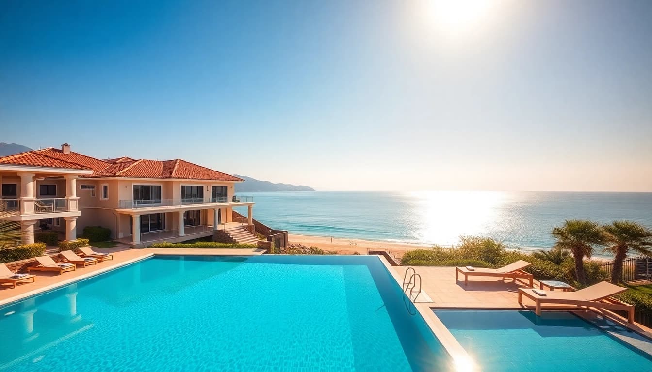 Showcase of alanya properties turkey featuring a luxurious villa with a pool overlooking the Mediterranean.
