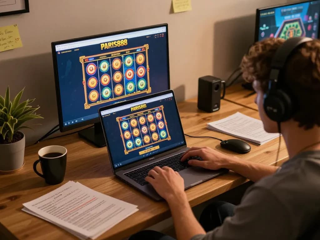 Engaged player using Paris888 platform for online slots in a cozy gaming setup.