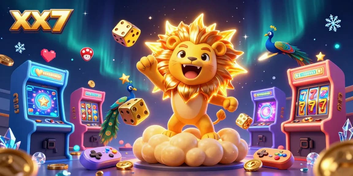 Experience thrilling wins with xx7 in an immersive casino gaming scene featuring golden dice and a roaring lion.