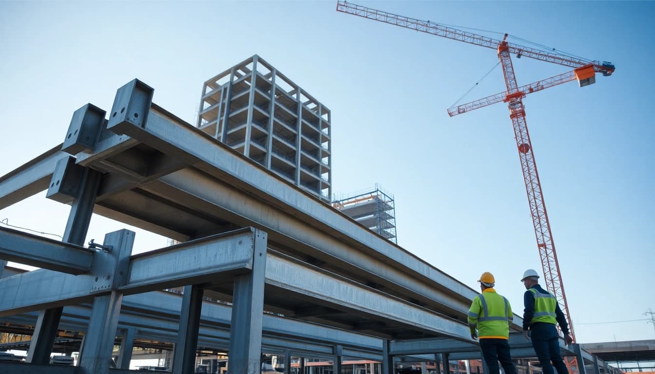 Workers collaborating on structural steel construction with large beams at a construction site.
