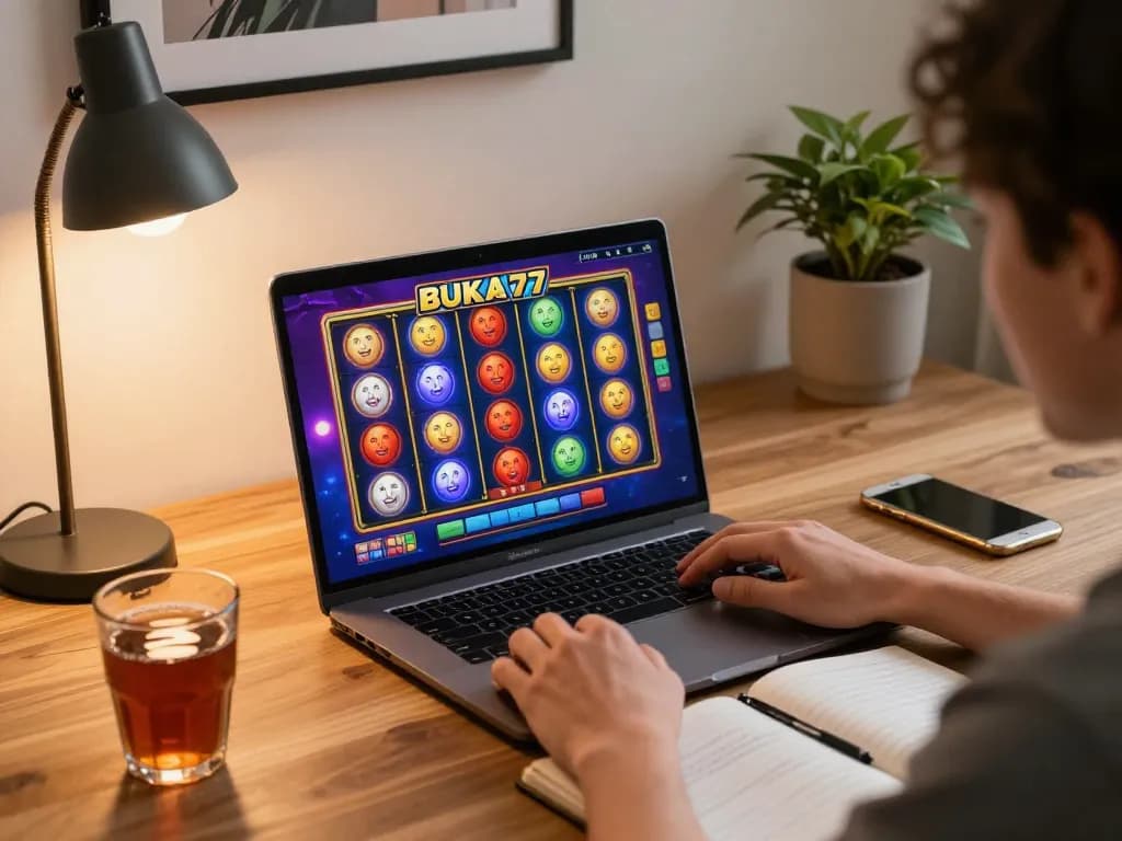 Player enjoying BUKA77 SLOT with spinning reels and strategic notes for responsible gaming