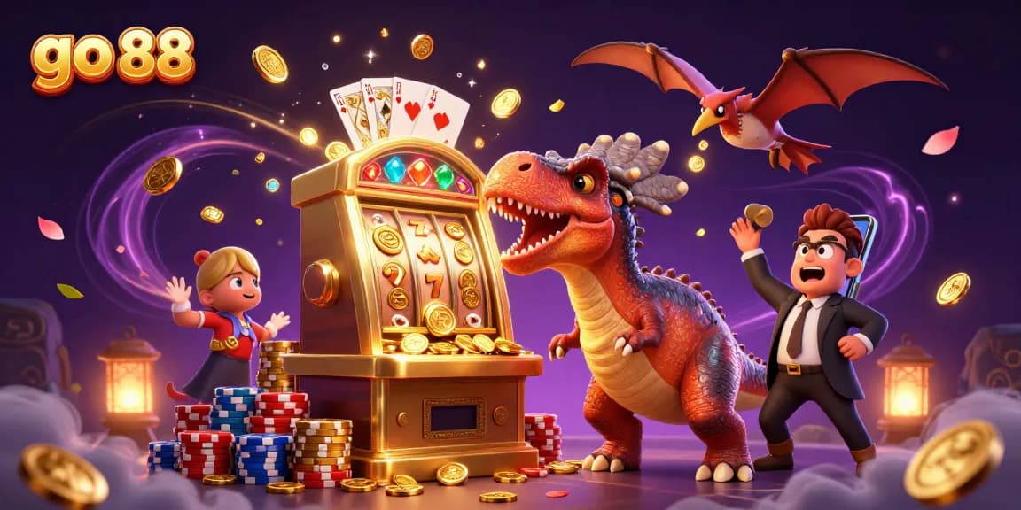 Spin the lucky go 88 slot with vibrant characters and cascading coins in a lively casino scene.