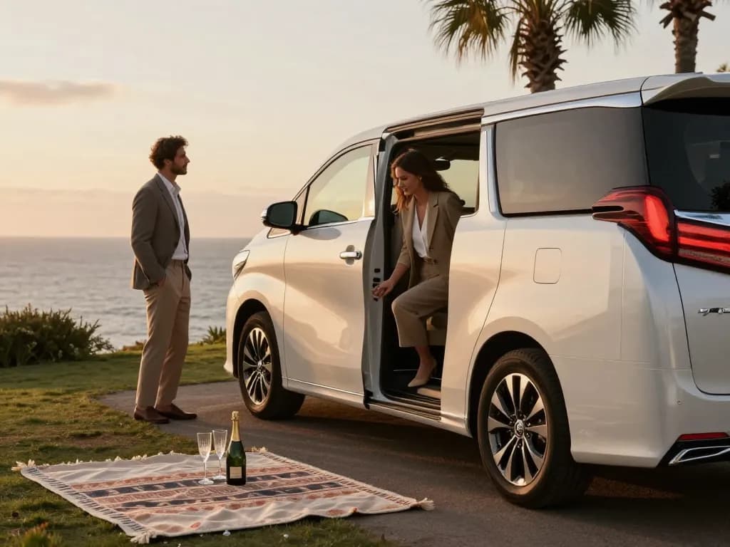 Trải nghiệm cho thuê xe Toyota Alphard trong khung cảnh ven biển sang trọng với một cặp đôi thưởng thức picnic lúc hoàng hôn.