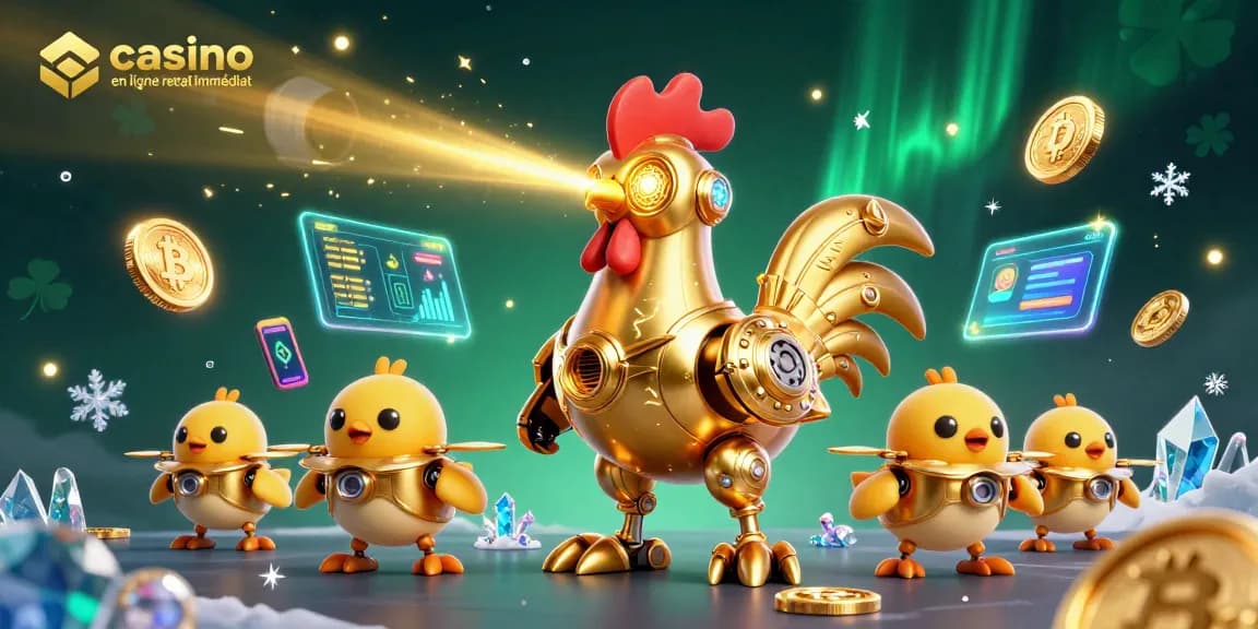 Jouez au casino en ligne retrait immédiat avec des robots futuristes et des éléments de crypto-monnaie animés.