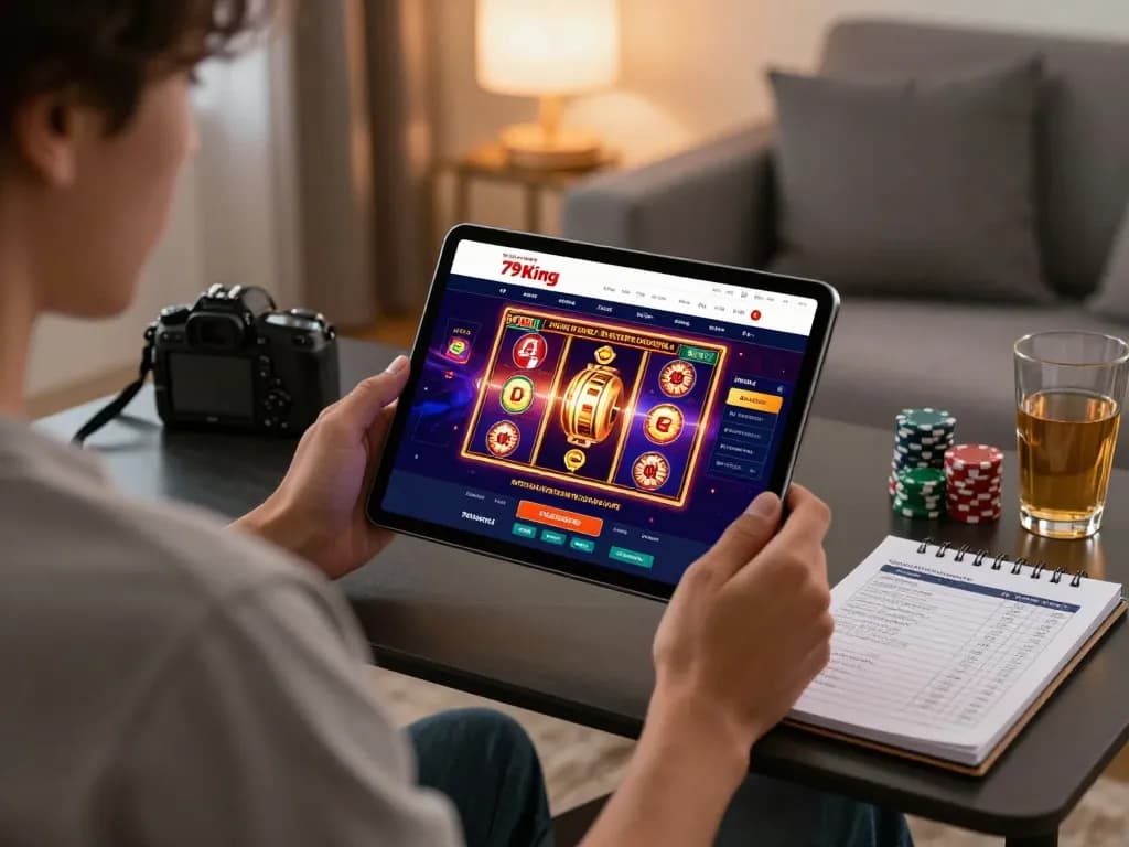 Engaging home gaming scene with Website 79king casino on tablet, showcasing strategic betting.