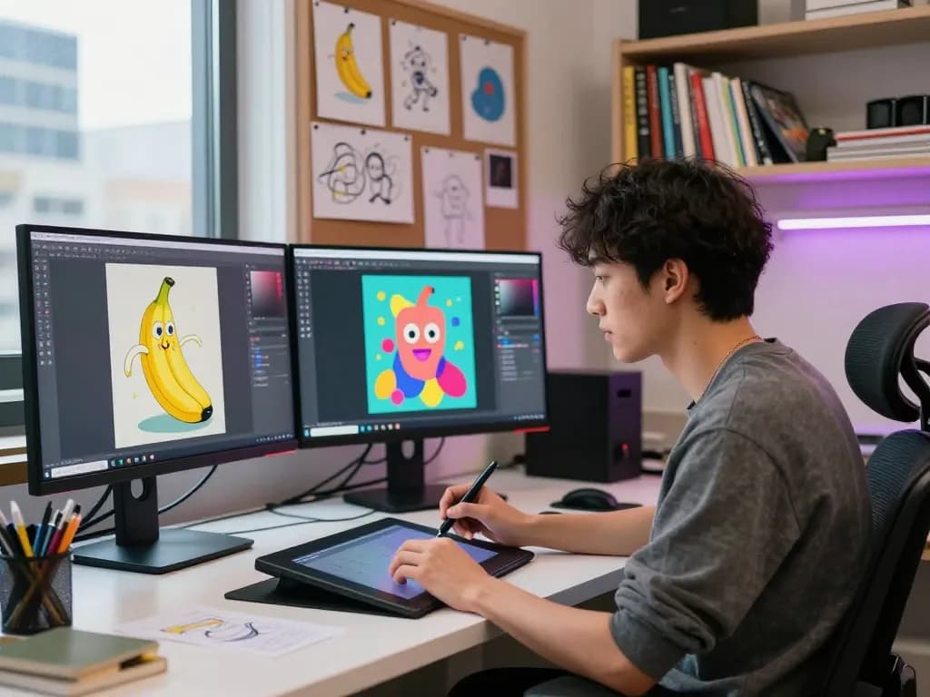 Creative professional using nano banana 2 for AI image editing in a vibrant digital art studio