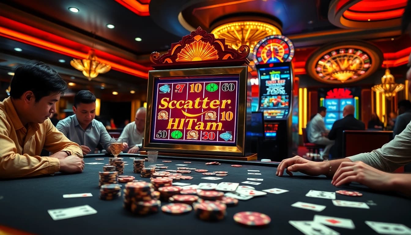 Players enjoying the thrill of slot demo scatter hitam at a luxury casino, showcasing excitement.