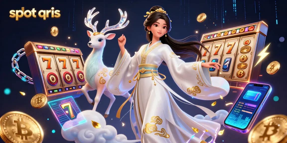 Win big at slot qris featuring graceful imagery of traditional characters amidst vibrant casino elements.