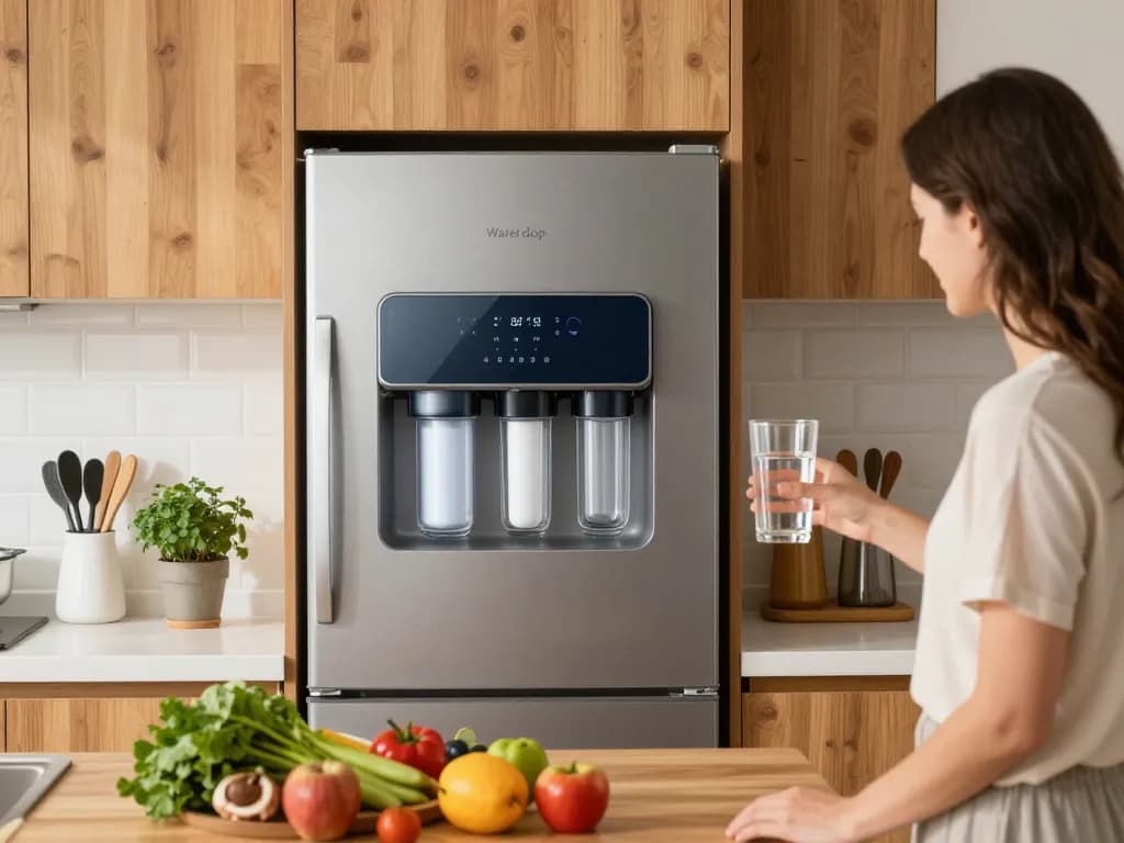 Waterdrop UKF8001 Refrigerator Water Filter 4 enriching a modern kitchen with fresh filtered water.