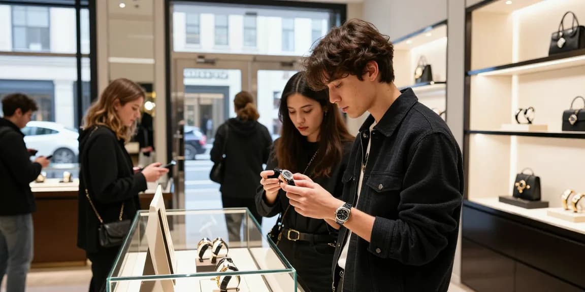 Young adult exploring 시계 레플리카 in a chic retail environment, surrounded by luxury accessories and modern displays.