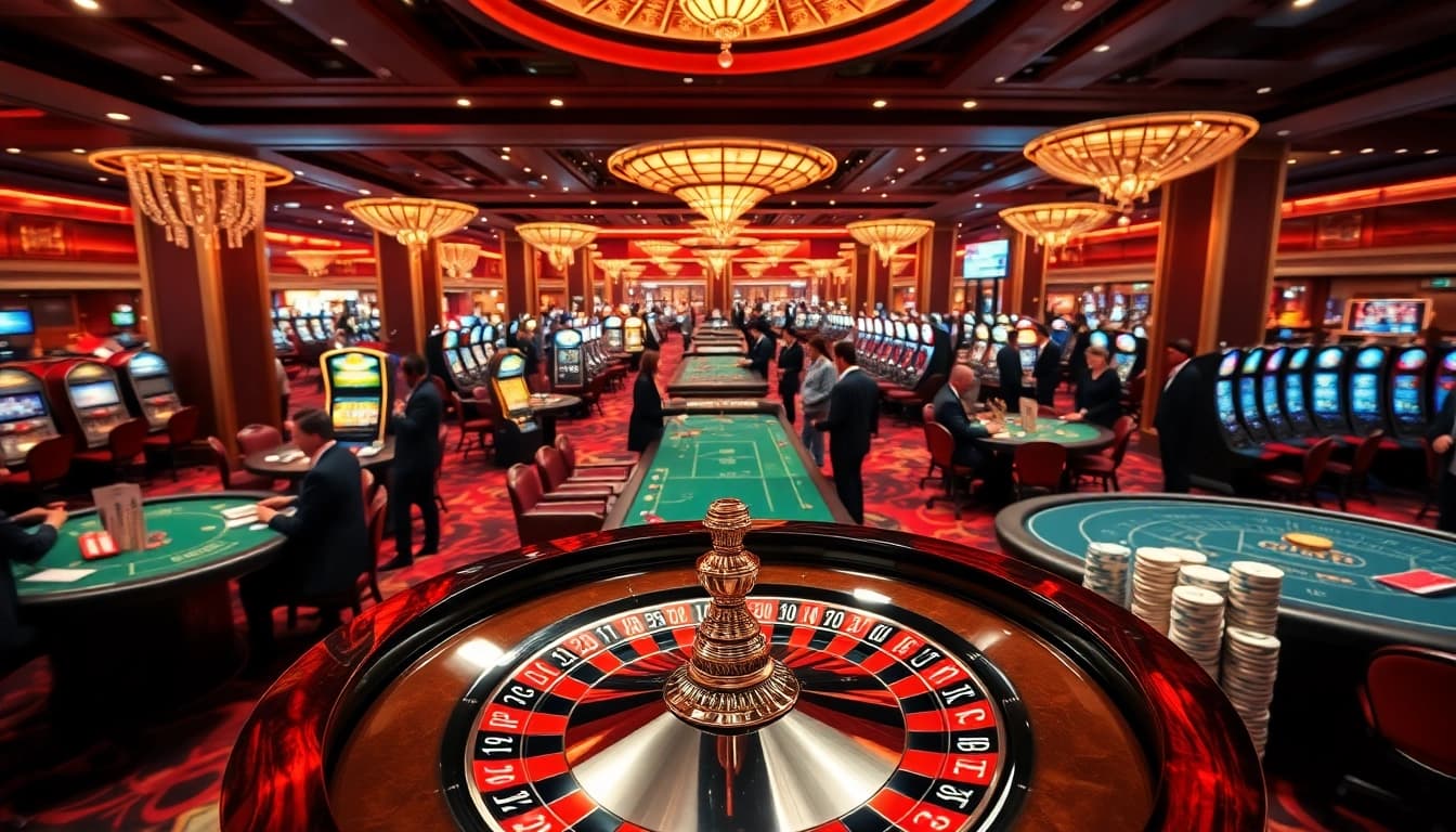 Experience the thrill of RR88 with vibrant casino tables and players enjoying high-stakes games.