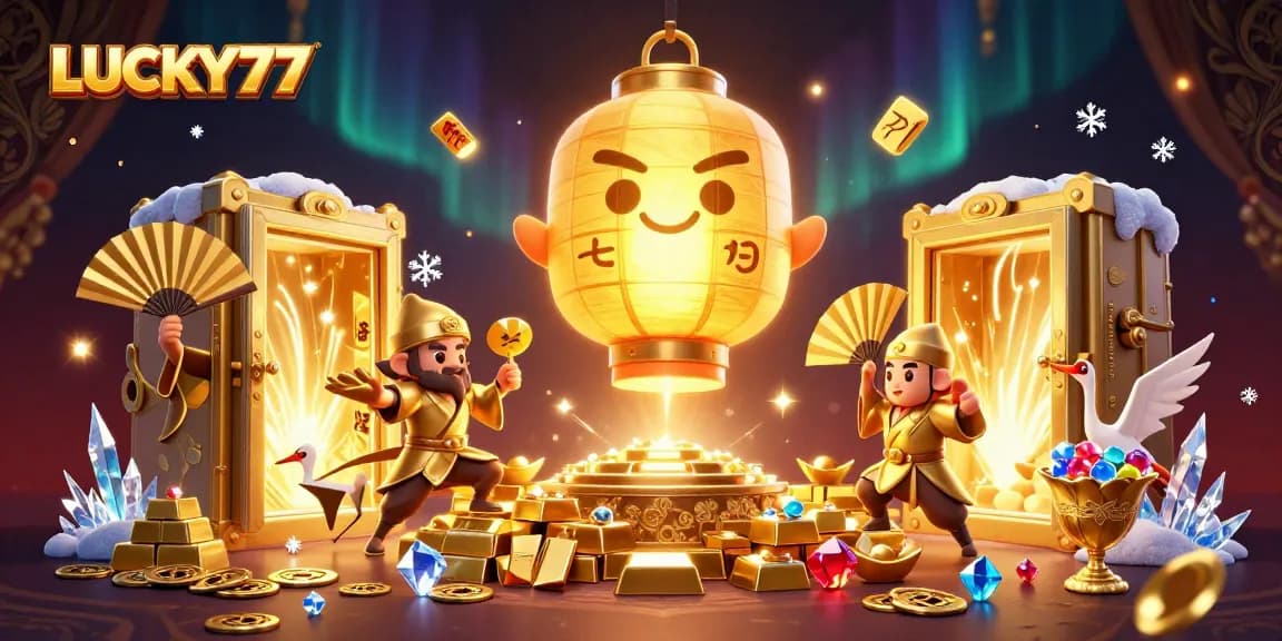 Experience the thrill of gaming with LUCKY77's vibrant 3D casino illustration showcasing luck and fortune.