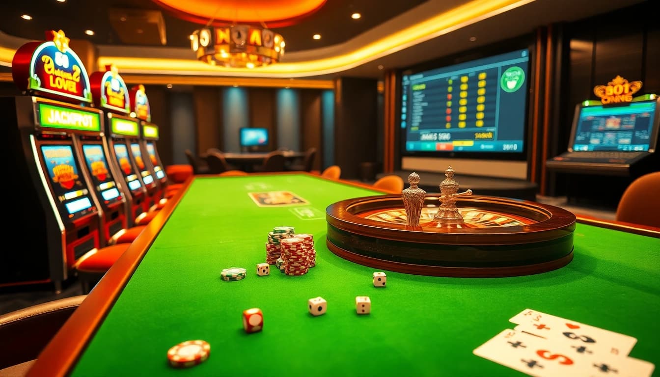 Engage with thrilling gameplay at https://rr88.wales/ featuring luxurious casino tables, poker chips, and slot machines.
