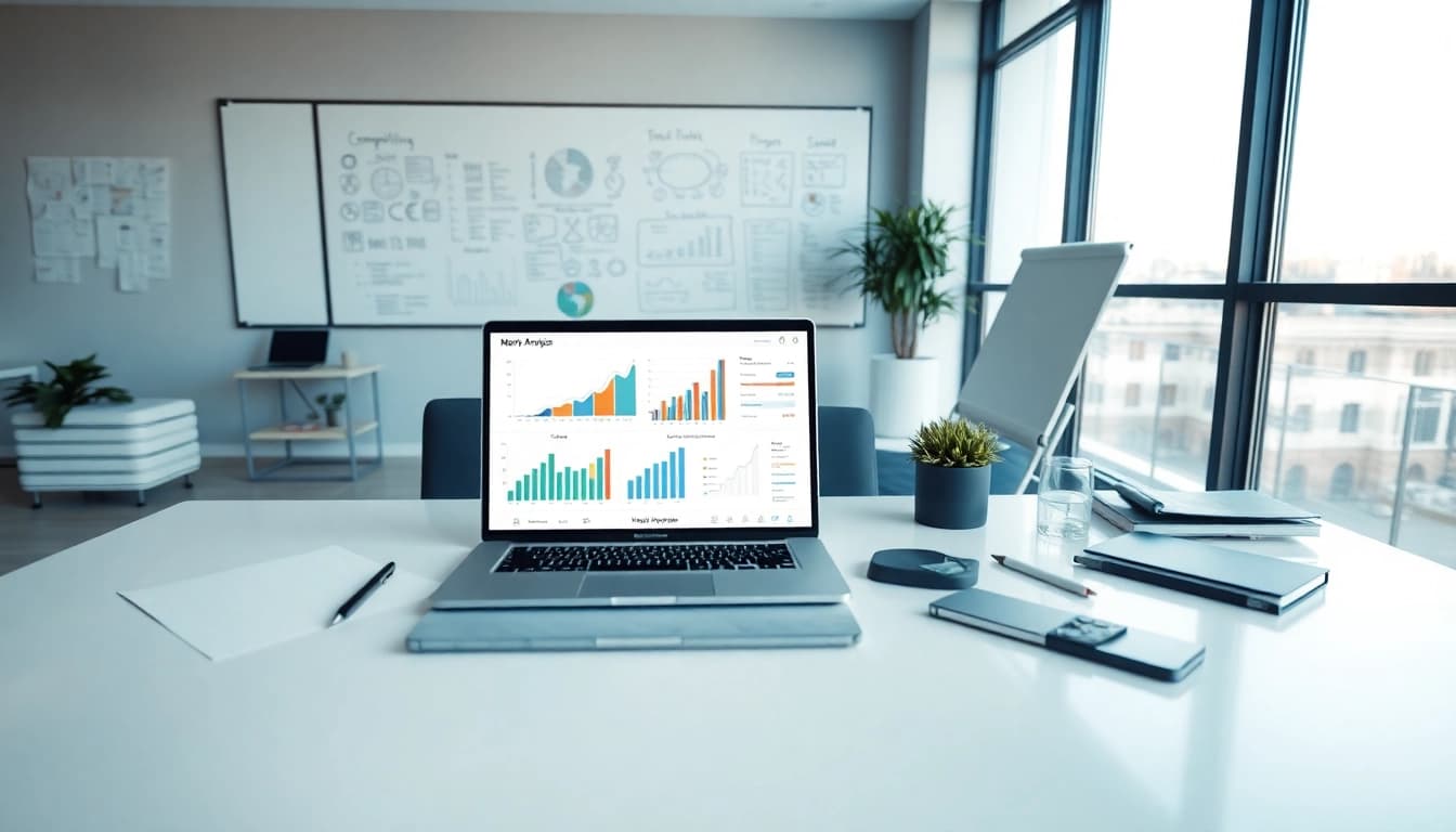 Engaging visual of competitive intelligence faqs with analysis tools and light-filled workspace.