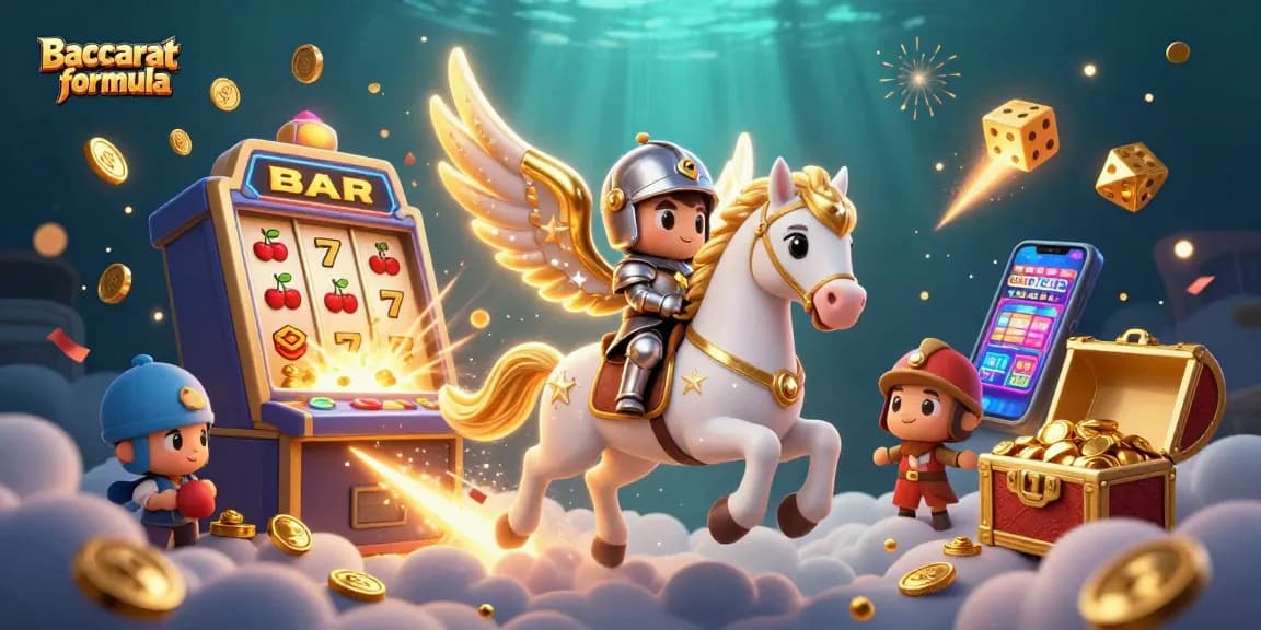 Experience the Baccarat formula with vibrant casino elements and lucky symbols in a magical 3D illustration.