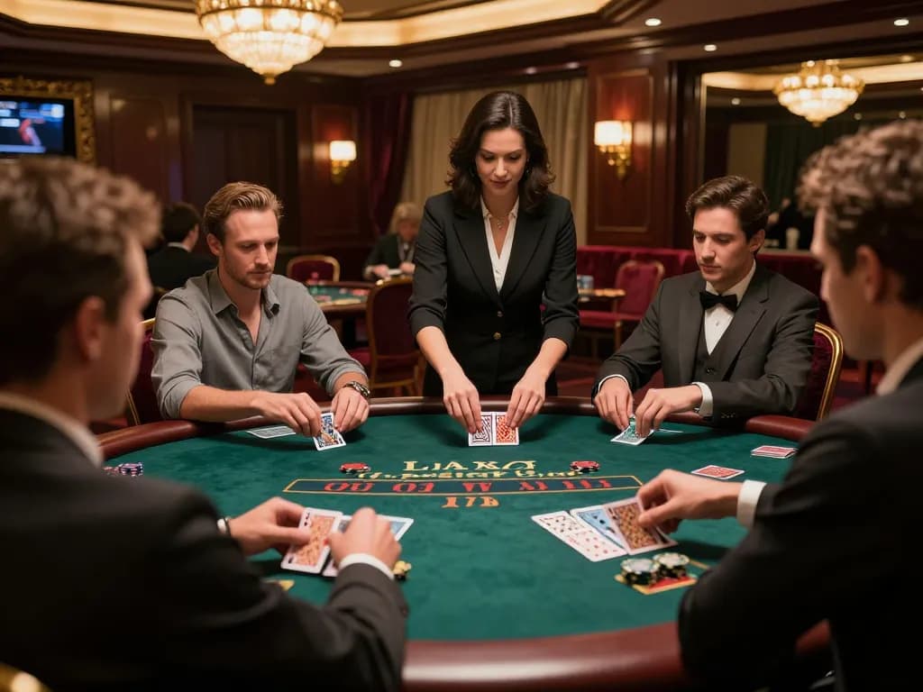 Engaging scene at nhà cái 388bet showcasing players at a high-stakes blackjack table, capturing strategic gameplay.