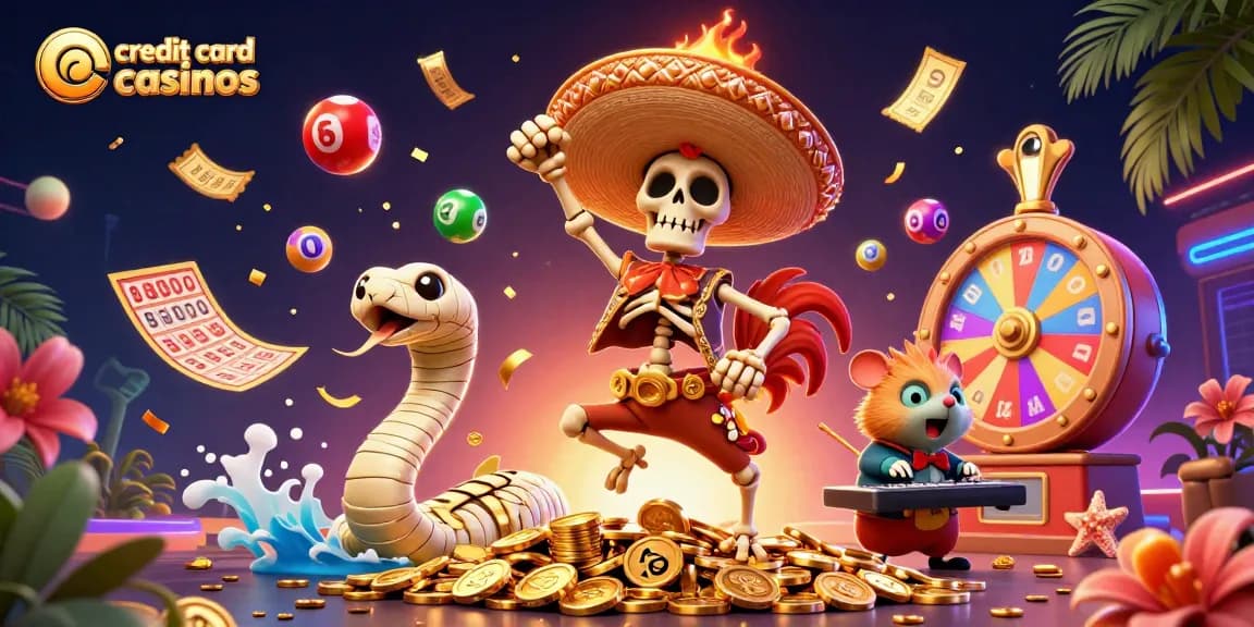 Experience thrilling credit card casinos with festive characters and vibrant gambling elements.