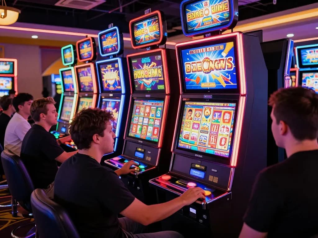 Players spinning vibrant slot machines with colorful displays in a lively casino setting.