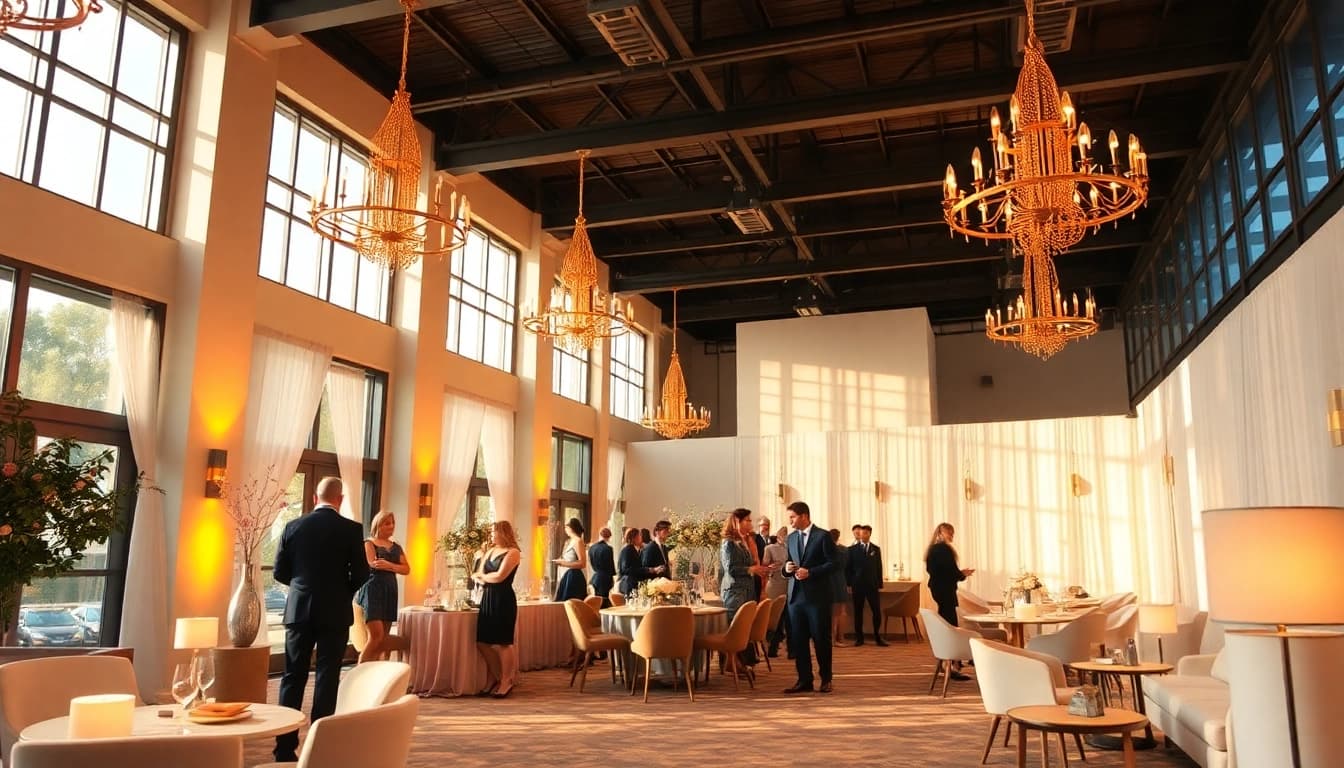 Veranschaulichen der event location, stilvoll dekoriert und mit Gästen in einem eleganten Raum.